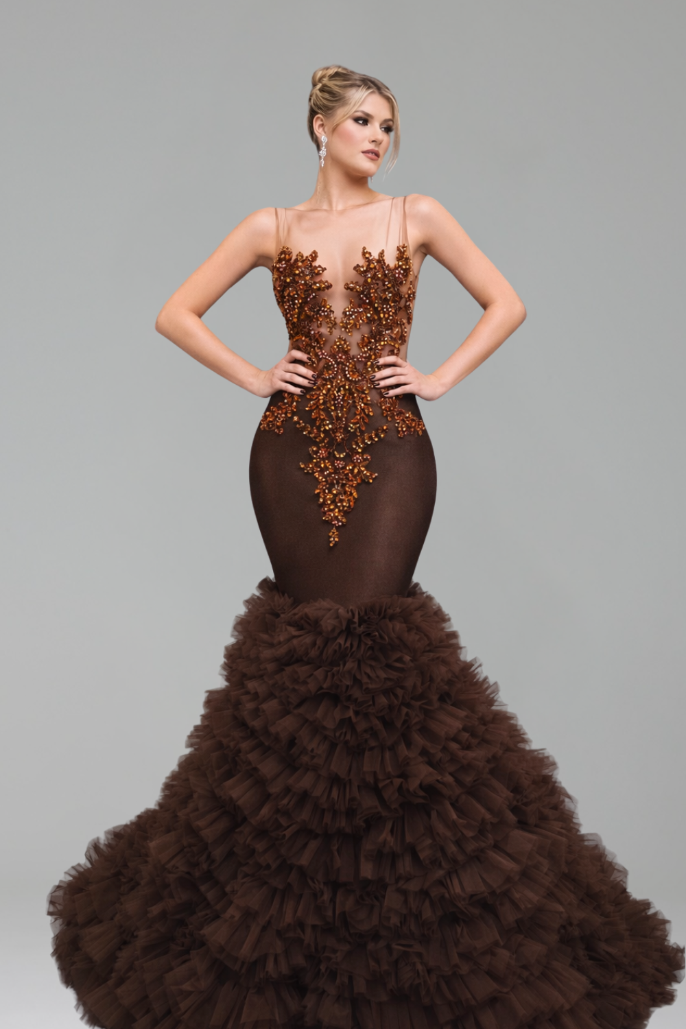 Appliqu� Bodice Ruffled Mermaid Gown - LAROSABRIDE