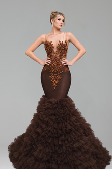 Appliqu� Bodice Ruffled Mermaid Gown - LAROSABRIDE