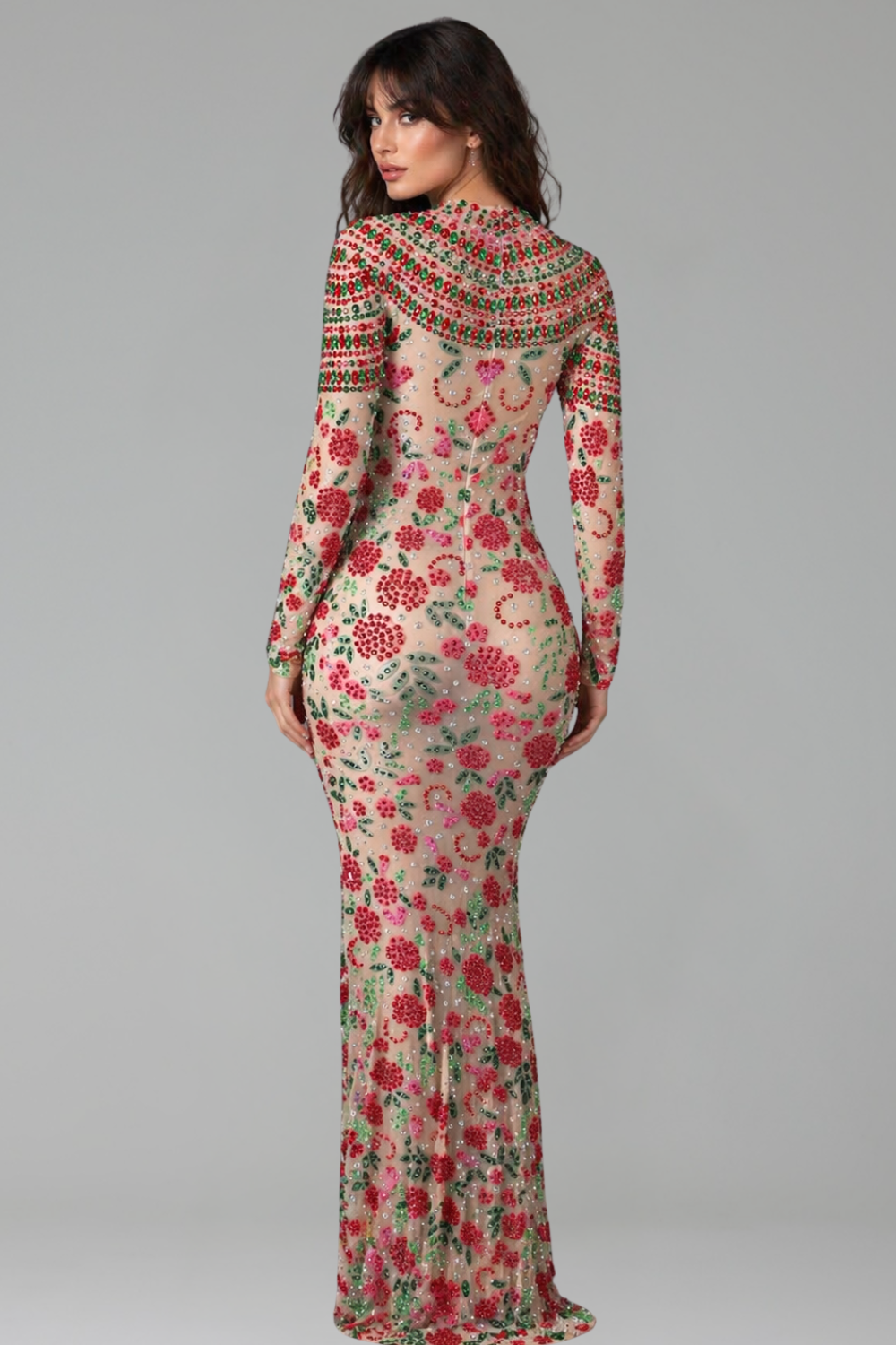 Floral Crystal Embellished Sheer Maxi Dress - LAROSABRIDE