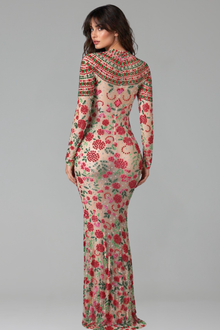 Floral Crystal Embellished Sheer Maxi Dress - LAROSABRIDE