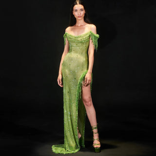 Ships in 2 to 5 Days - Arabic Green Crystal Luxury Dubai Evening Dresses Gowns High Slit Prom Dress for Women Wedding Party 2025