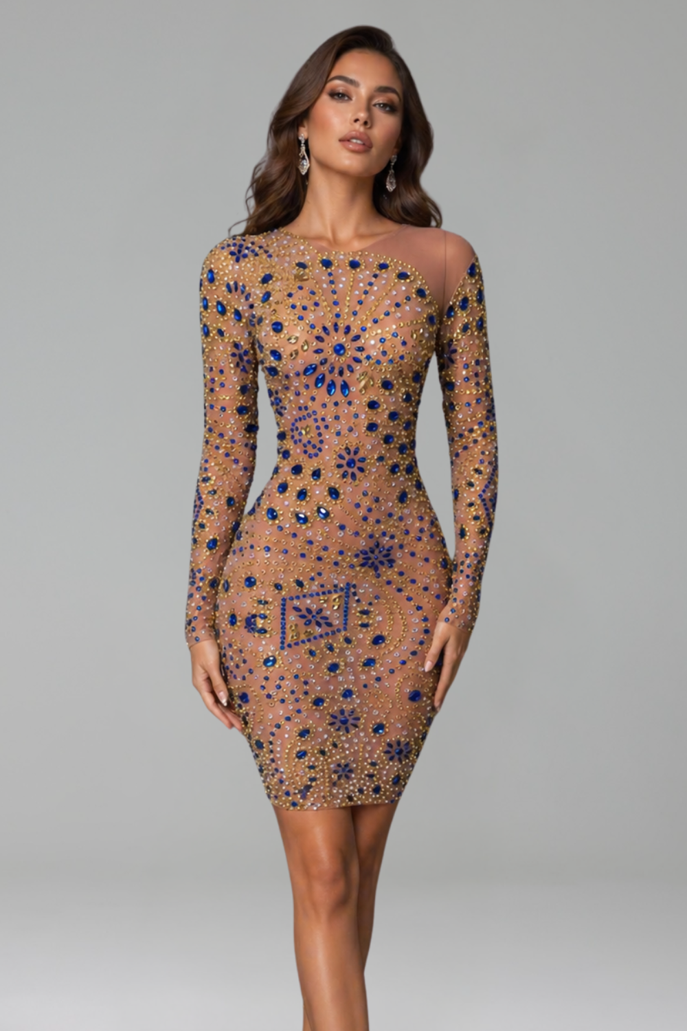 Sheer Long-Sleeve Crystal Mini Dress - LAROSABRIDE