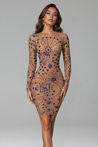 Sheer Long-Sleeve Crystal Mini Dress - LAROSABRIDE