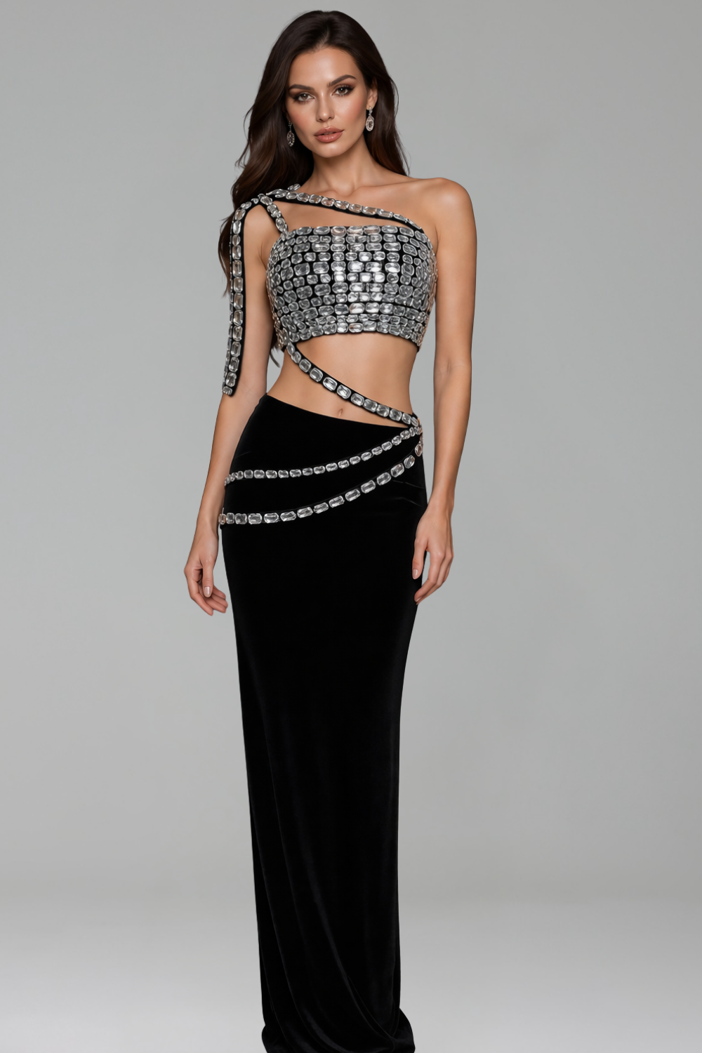 Crystal Strap Cutout Two-Piece Gown - LAROSABRIDE