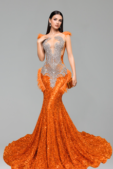 Feather Trim Illusion Sequin Mermaid Gown - LAROSABRIDE