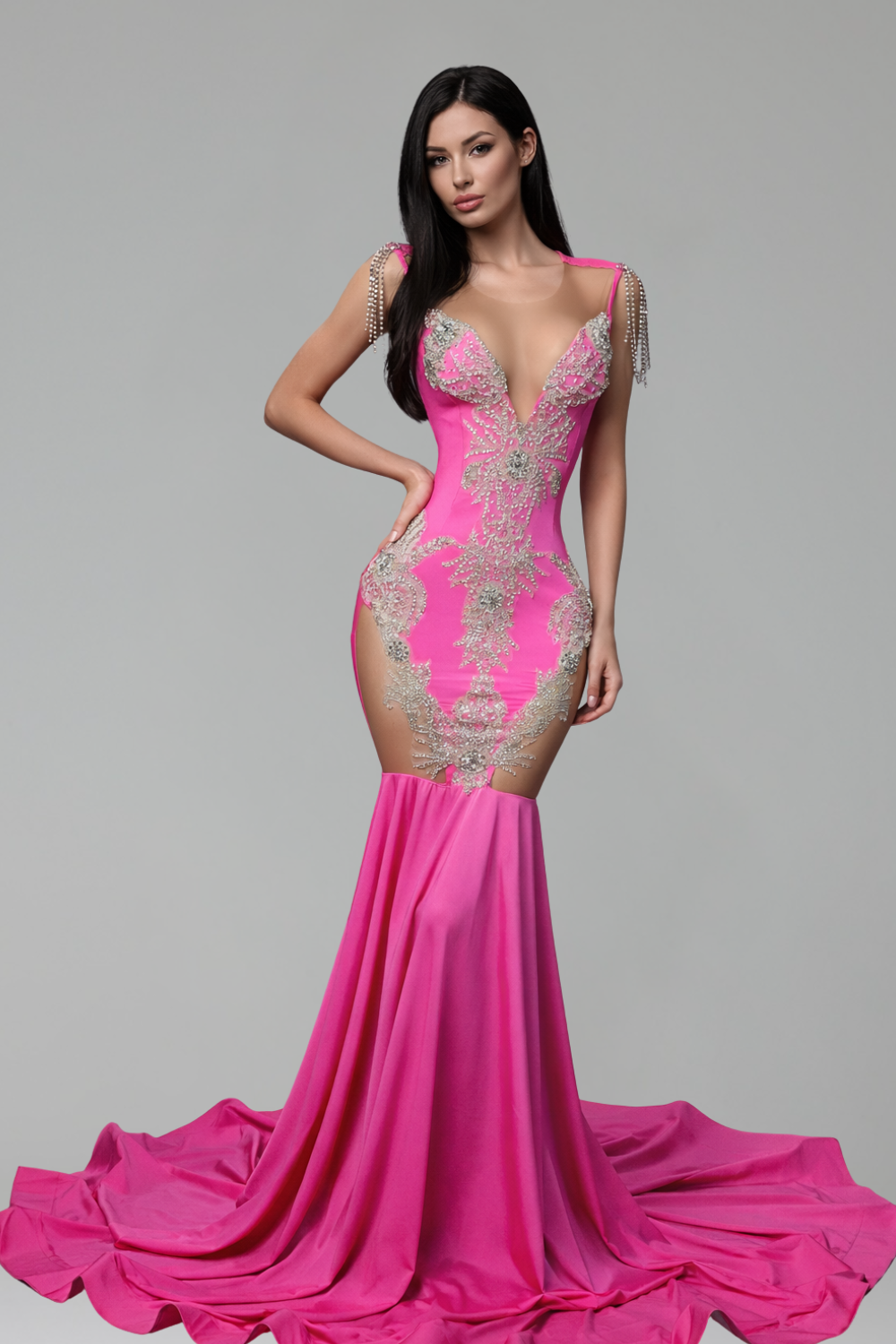 Crystal Embellished Illusion Mermaid Gown - LAROSABRIDE