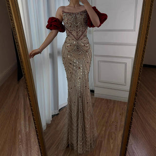 Embellished Off-Shoulder Gown with Dramatic Red Sleeves