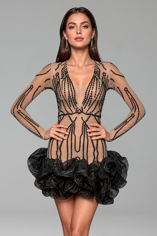 Sheer Rhinestone Ruffled Hem Mini - LAROSABRIDE
