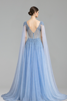 Beaded A-Line Cape Sleeve Gown - LAROSABRIDE