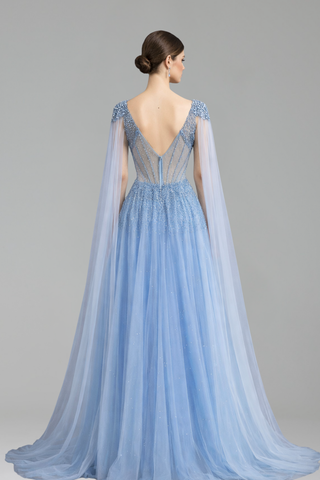 Beaded A-Line Cape Sleeve Gown - LAROSABRIDE