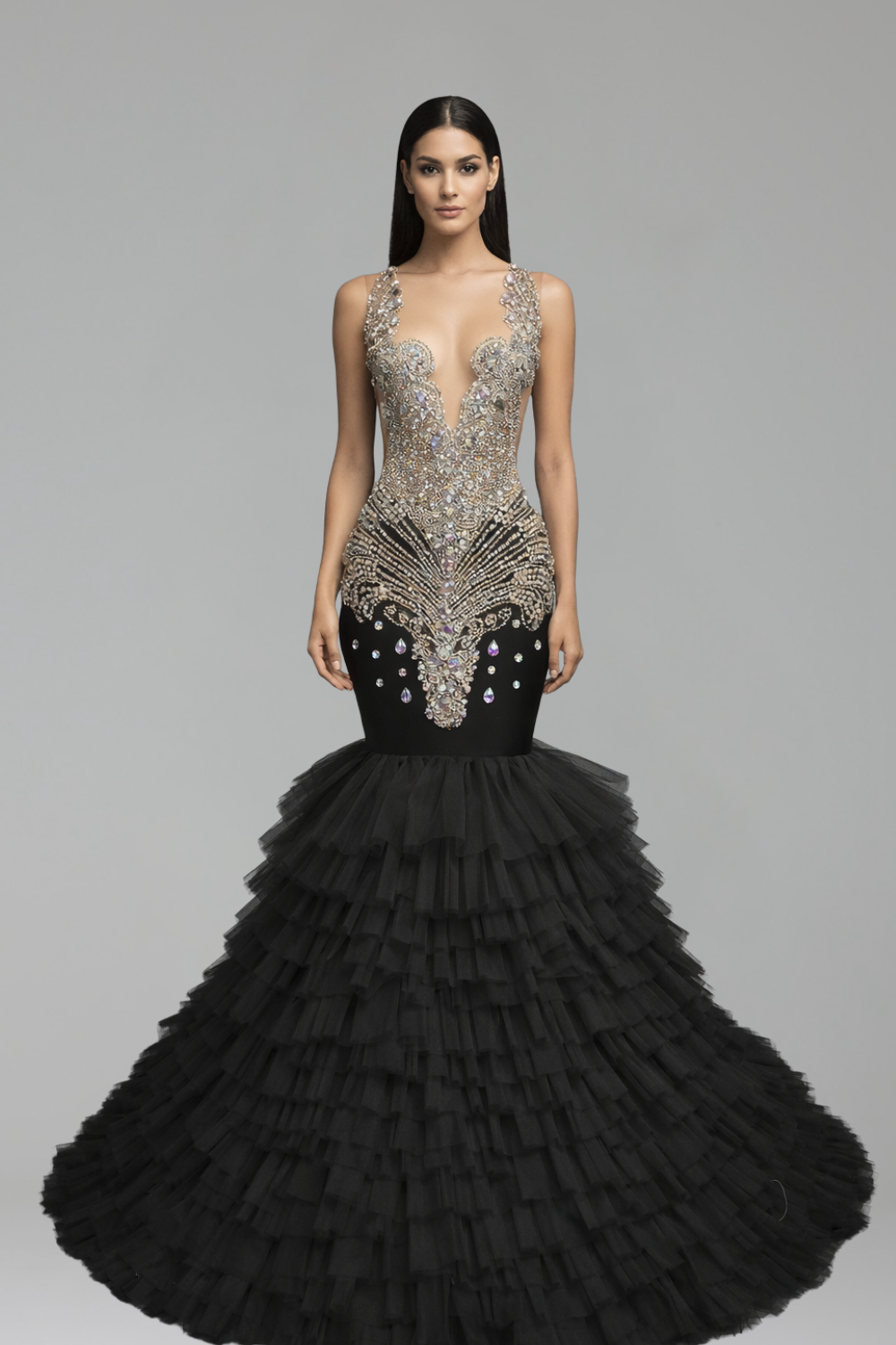 Beaded Ruffle Mermaid Evening Dress - LAROSABRIDE