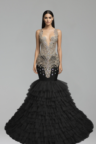 Beaded Ruffle Mermaid Evening Dress - LAROSABRIDE
