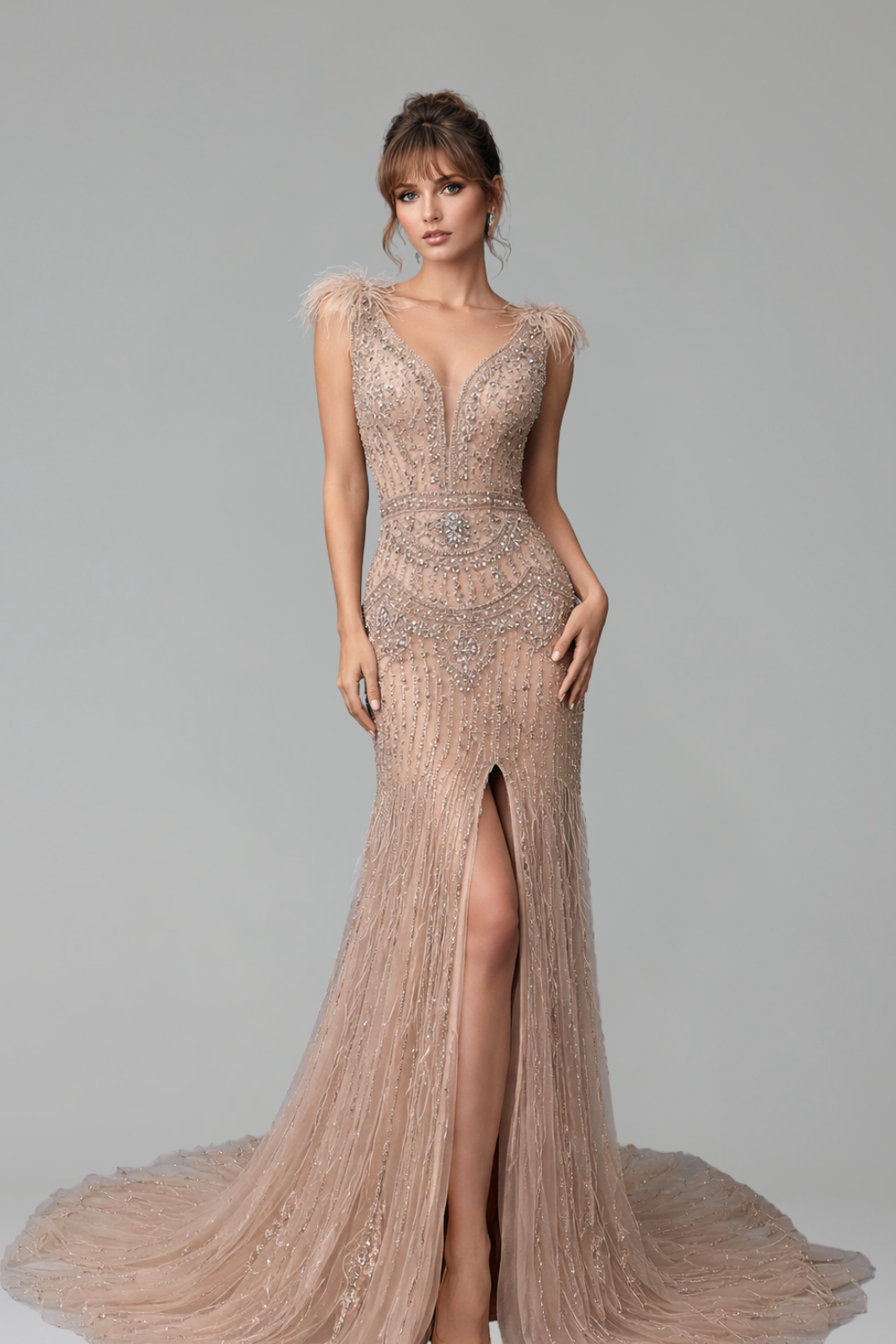 Split Mermaid Feathered Gown - LAROSABRIDE