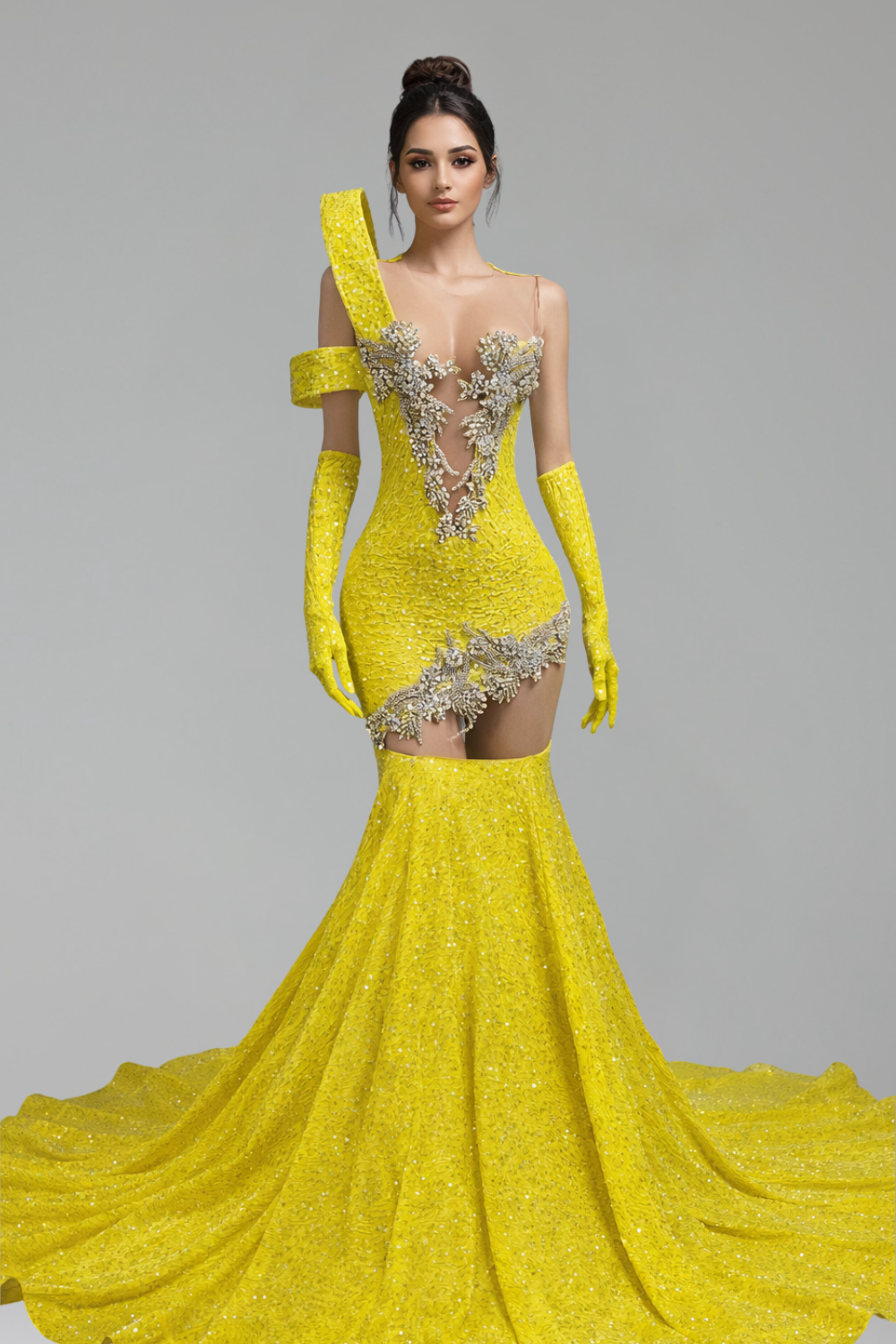 Beaded Illusion Mermaid Gloves Gown - LAROSABRIDE