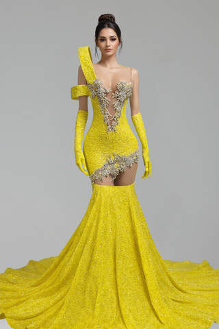 Beaded Illusion Mermaid Gloves Gown - LAROSABRIDE