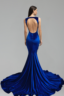 Blue Satin Embellished Mermaid Gown - LAROSABRIDE