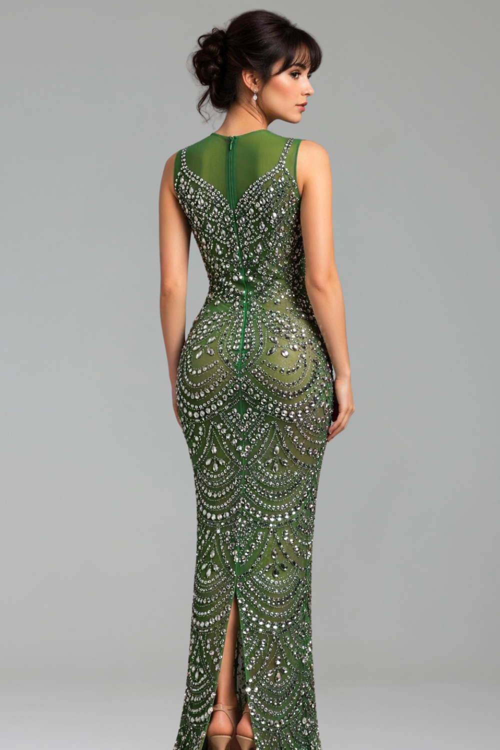 Crystal Embellished Illusion Column Gown - LAROSABRIDE