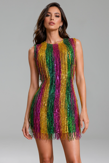Round-Neck Sequin Fringe Mini Dress - LAROSABRIDE