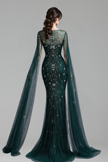 Beaded Mermaid Dress with Cape Sleeves - LAROSABRIDE