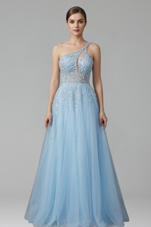 Beaded One Shoulder A-Line Gown - LAROSABRIDE
