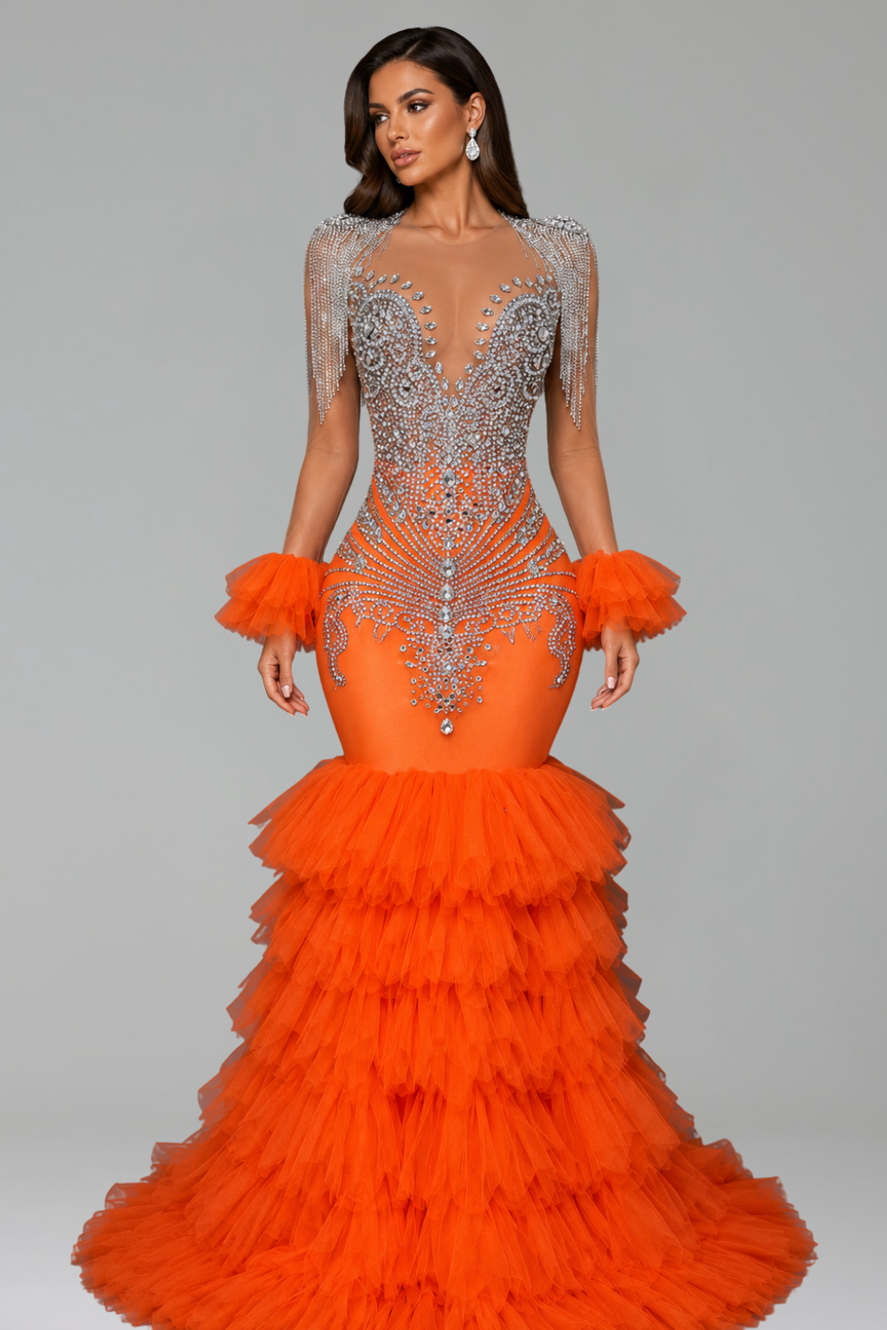 Crystal Ruffle Mermaid Dress - LAROSABRIDE