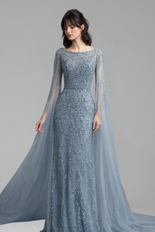 Caramel Beaded Evening Gown with Cape Sleeves - LAROSABRIDE
