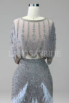 Two-Piece Feather Beaded Midi Evening Dress-Larosabride