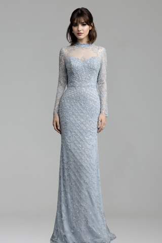 Caramel Beaded Mermaid Gown with High Neck