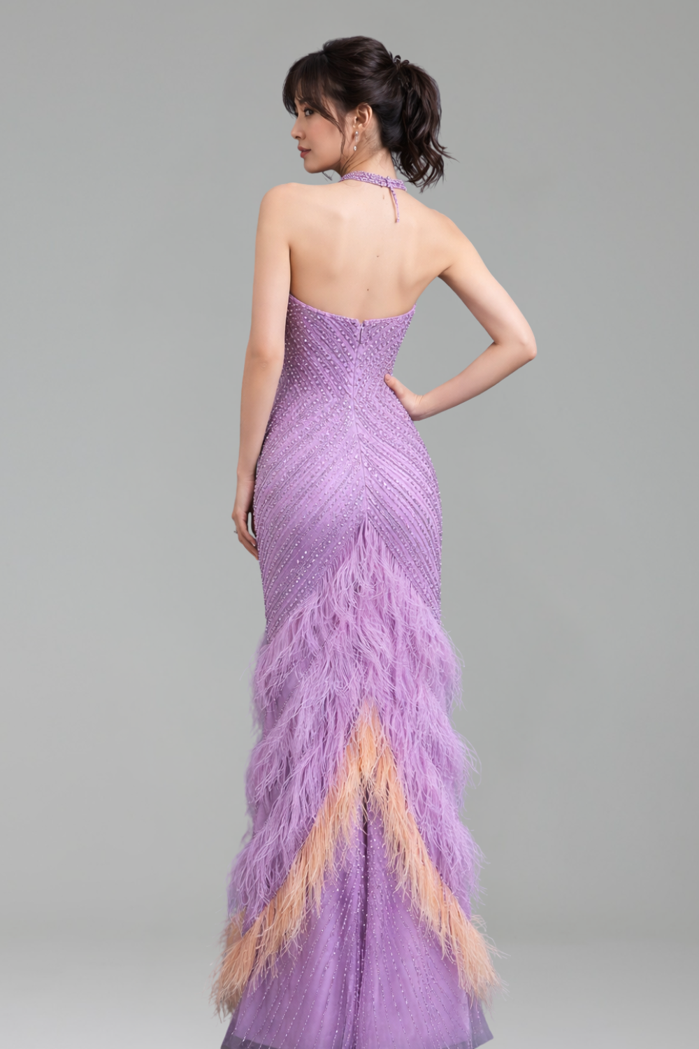 Halter Feather Beaded Mermaid Dress - LAROSABRIDE