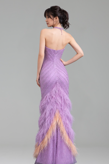 Halter Feather Beaded Mermaid Dress - LAROSABRIDE