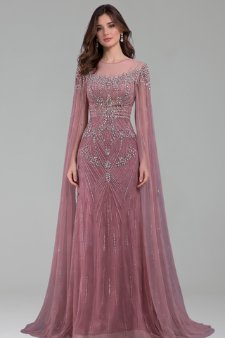Crystal Beaded Cape Mermaid Gown - LAROSABRIDE