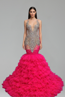 Beaded Ruffle Mermaid Evening Dress - LAROSABRIDE