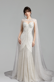 Beaded Spaghetti Strap Cape Dress - LAROSABRIDE
