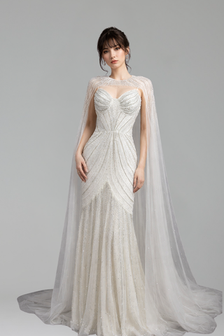 Beaded Spaghetti Strap Cape Dress - LAROSABRIDE
