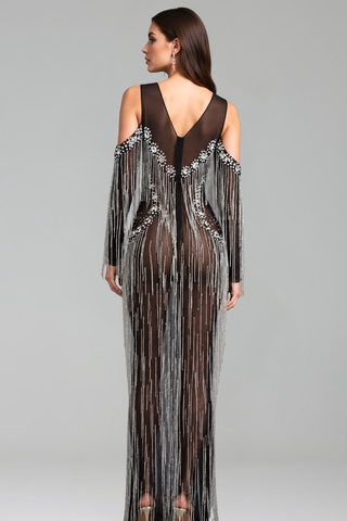 Crystal Fringe Cold Shoulder Gown