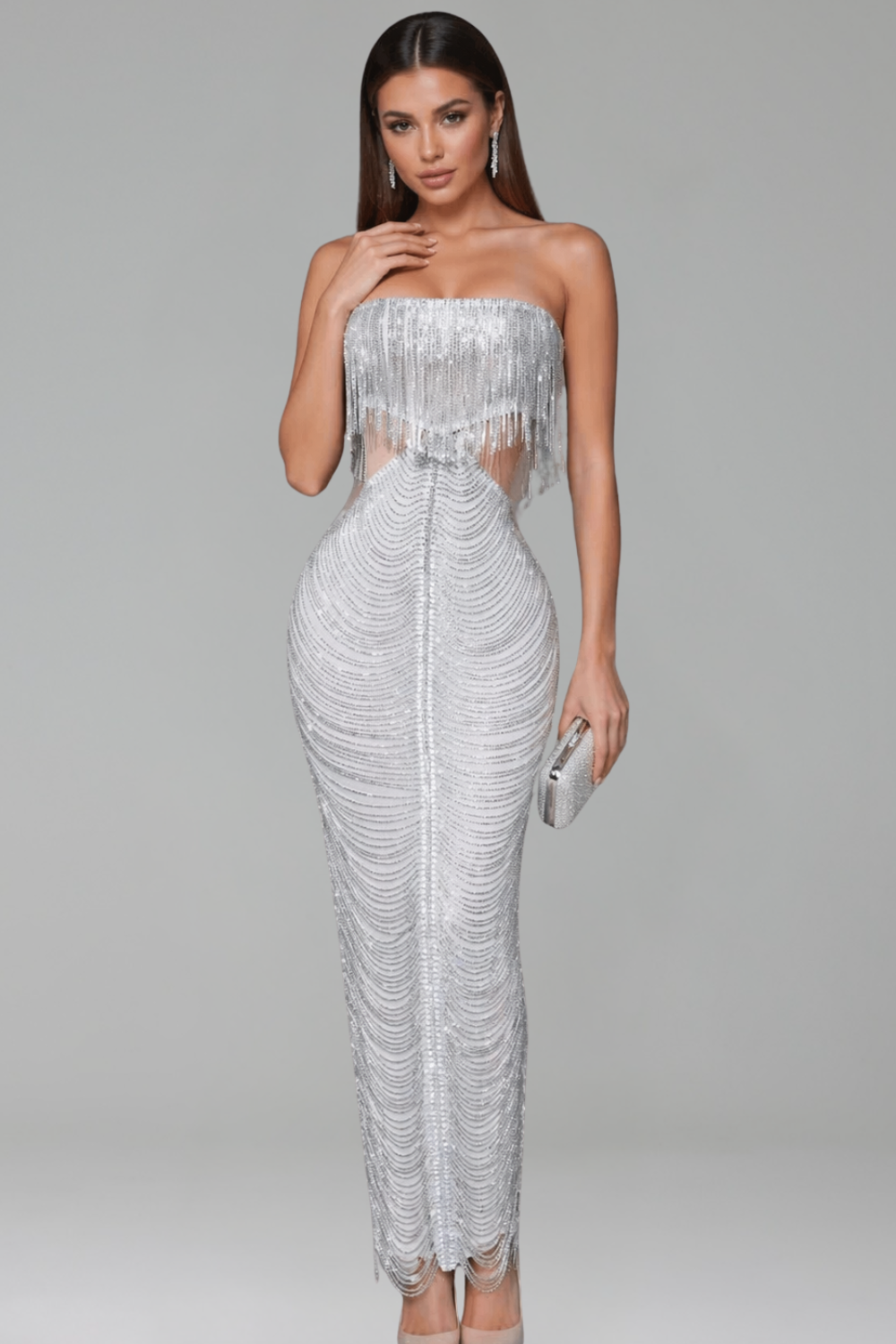 Strapless Crystal Fringe Draped Gown - LAROSABRIDE