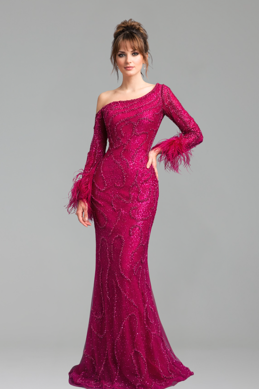 Beaded Feather One Shoulder Dress - LAROSABRIDE
