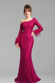 Beaded Feather One Shoulder Dress - LAROSABRIDE