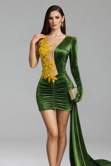 Emerald Velvet One-Sleeve Mini Dress - LAROSABRIDE
