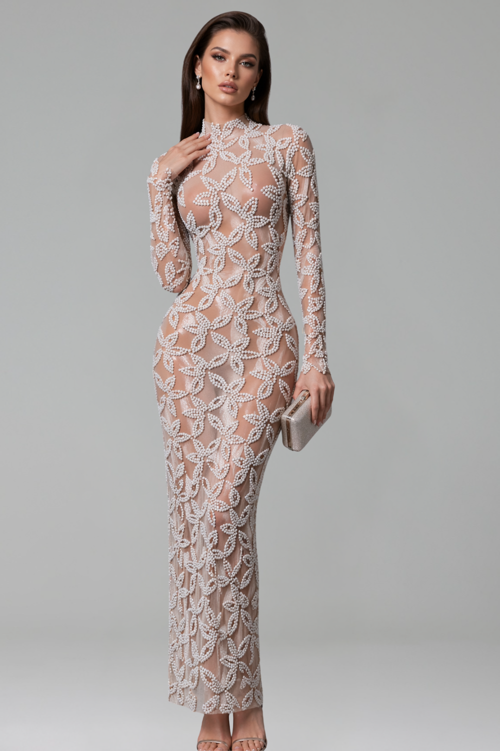 Sheer Pearl Embellished High Neck Gown - LAROSABRIDE