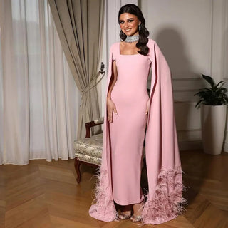 Luxury Arabic Pink Mermaid Evening Dress – Elegant Gown with Feather Cape