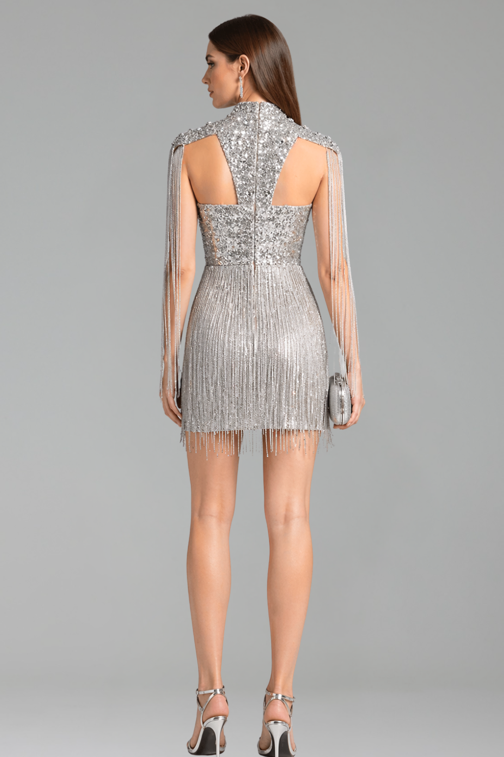 Sequin Fringe High Neck Mini Dress - LAROSABRIDE