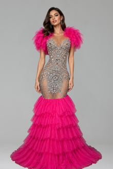 Crystal Feathered Shoulder Tulle Dress - LAROSABRIDE