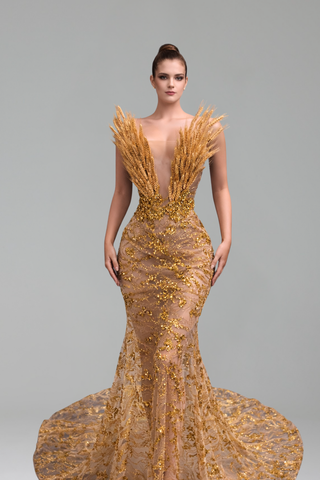 Beaded Sheer Gown with Feathers - LAROSABRIDE
