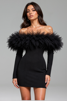 Off-Shoulder Feather Trim Mini Dress - LAROSABRIDE