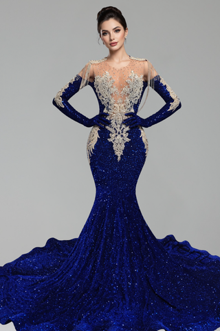 Beaded Illusion Long Sleeve Mermaid Gown