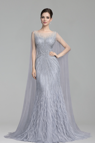 Feather Cape Sleeve Evening Dress