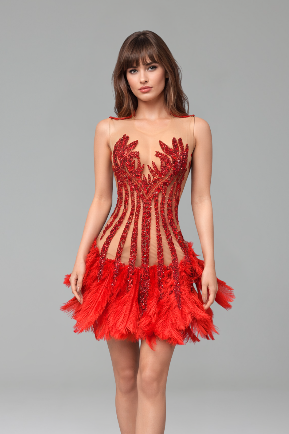 Sheer Red Feather Mini Dress - LAROSABRIDE