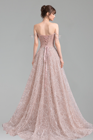 Off Shoulder A Line Sparkly Beaded Ball
