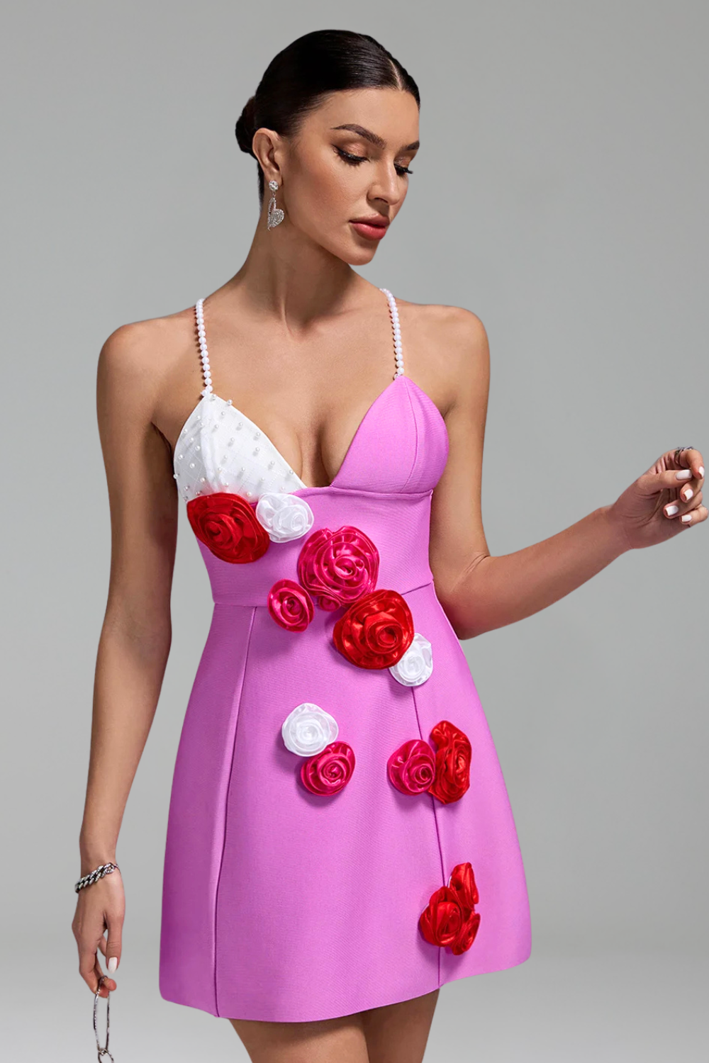 Floral Appliqué Two-Tone Mini Dress-Larosabride